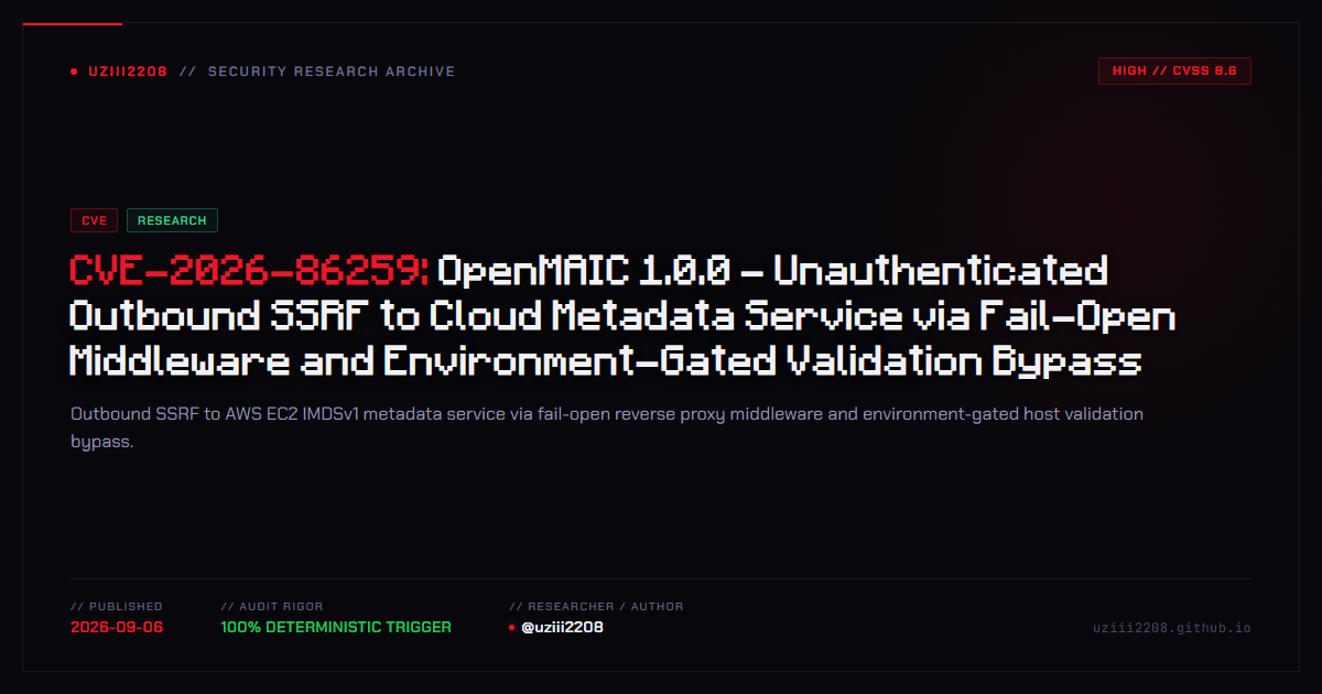 CVE-2026-86259: OpenMAIC 1.0.0 - Unauthenticated Outbound SSRF to Cloud Metadata Service via Fail-Open Middleware and Environment-Gated Validation Bypass