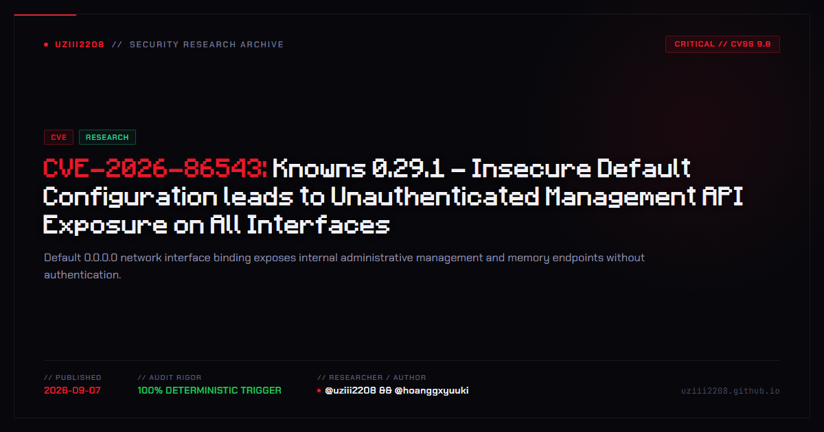 CVE-2026-86543: Knowns 0.29.1 - Insecure Default Configuration leads to Unauthenticated Management API Exposure on All Interfaces