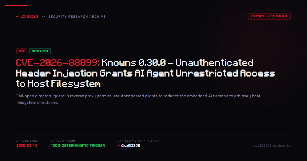 CVE-2026-88899: Knowns 0.30.0 - Unauthenticated Header Injection Grants AI Agent Unrestricted Access to Host Filesystem