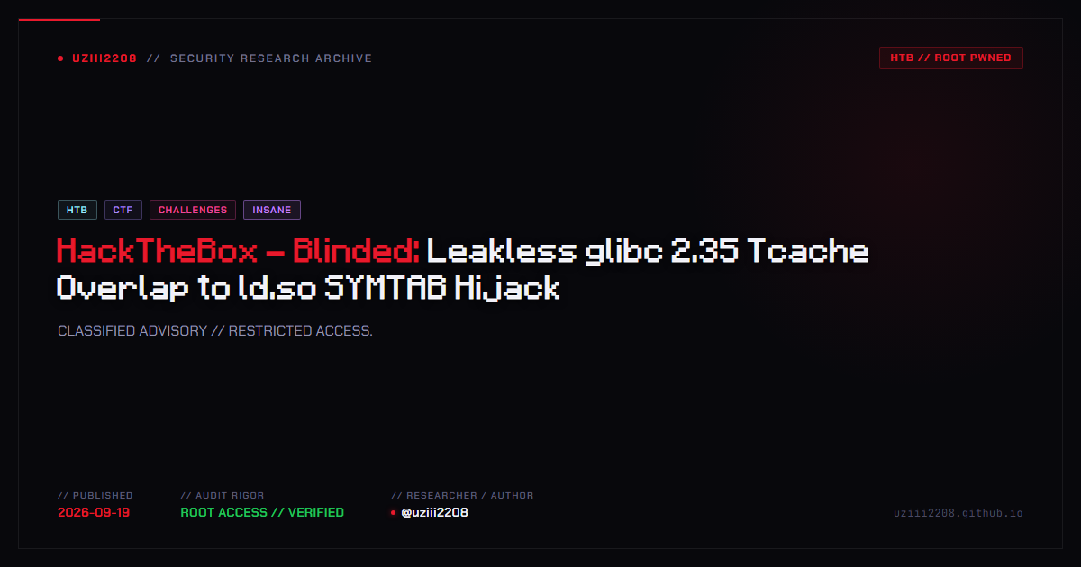 HackTheBox - Blinded: Leakless glibc 2.35 Tcache Overlap to ld.so SYMTAB Hijack