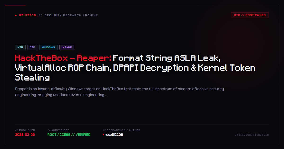 HackTheBox - Reaper: Format String ASLR Leak, VirtualAlloc ROP Chain, DPAPI Decryption & Kernel Token Stealing