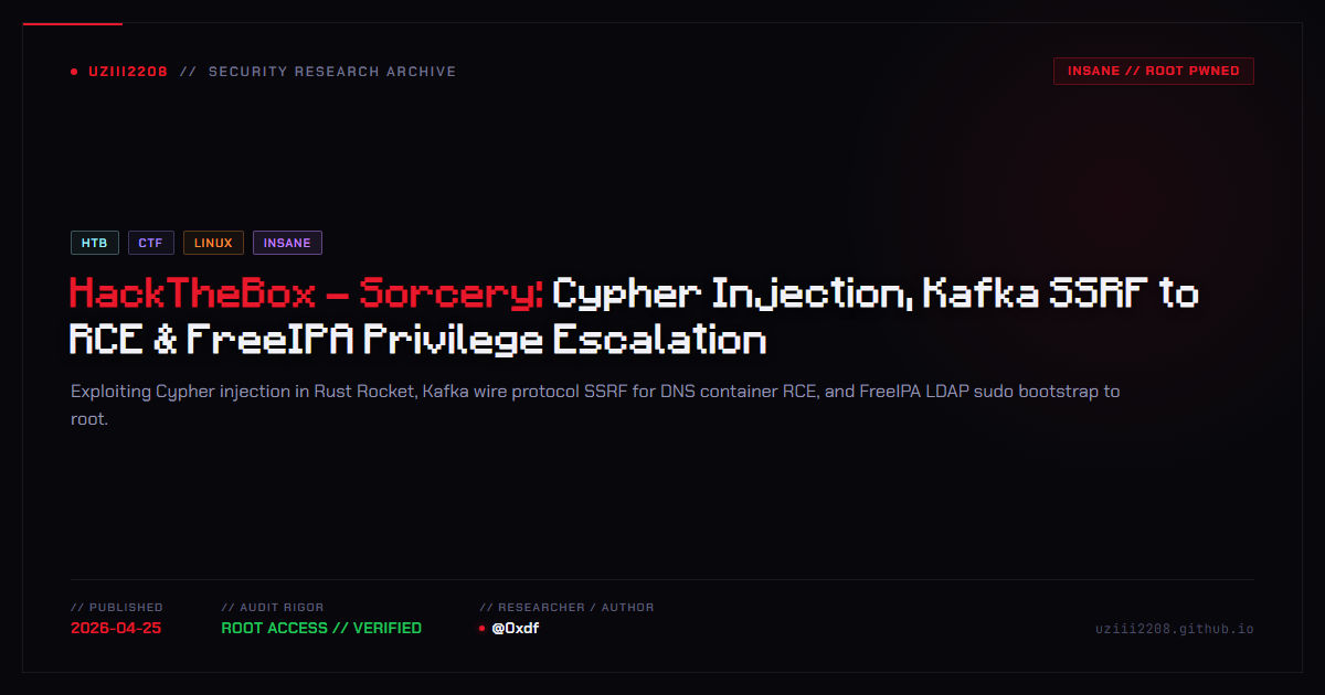 HackTheBox - Sorcery: Cypher Injection, Kafka SSRF to RCE & FreeIPA Privilege Escalation