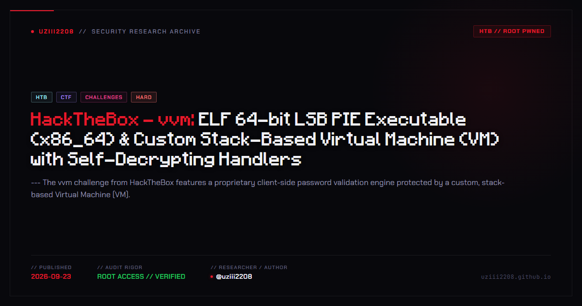 HackTheBox - vvm: ELF 64-bit LSB PIE Executable (x86_64) & Custom Stack-Based Virtual Machine (VM) with Self-Decrypting Handlers